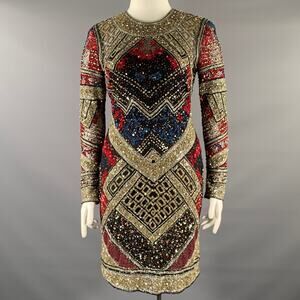 NAEEM KHAN Size 8 Silver Red & Blue Nylon Sequined Midi Cocktail Dress